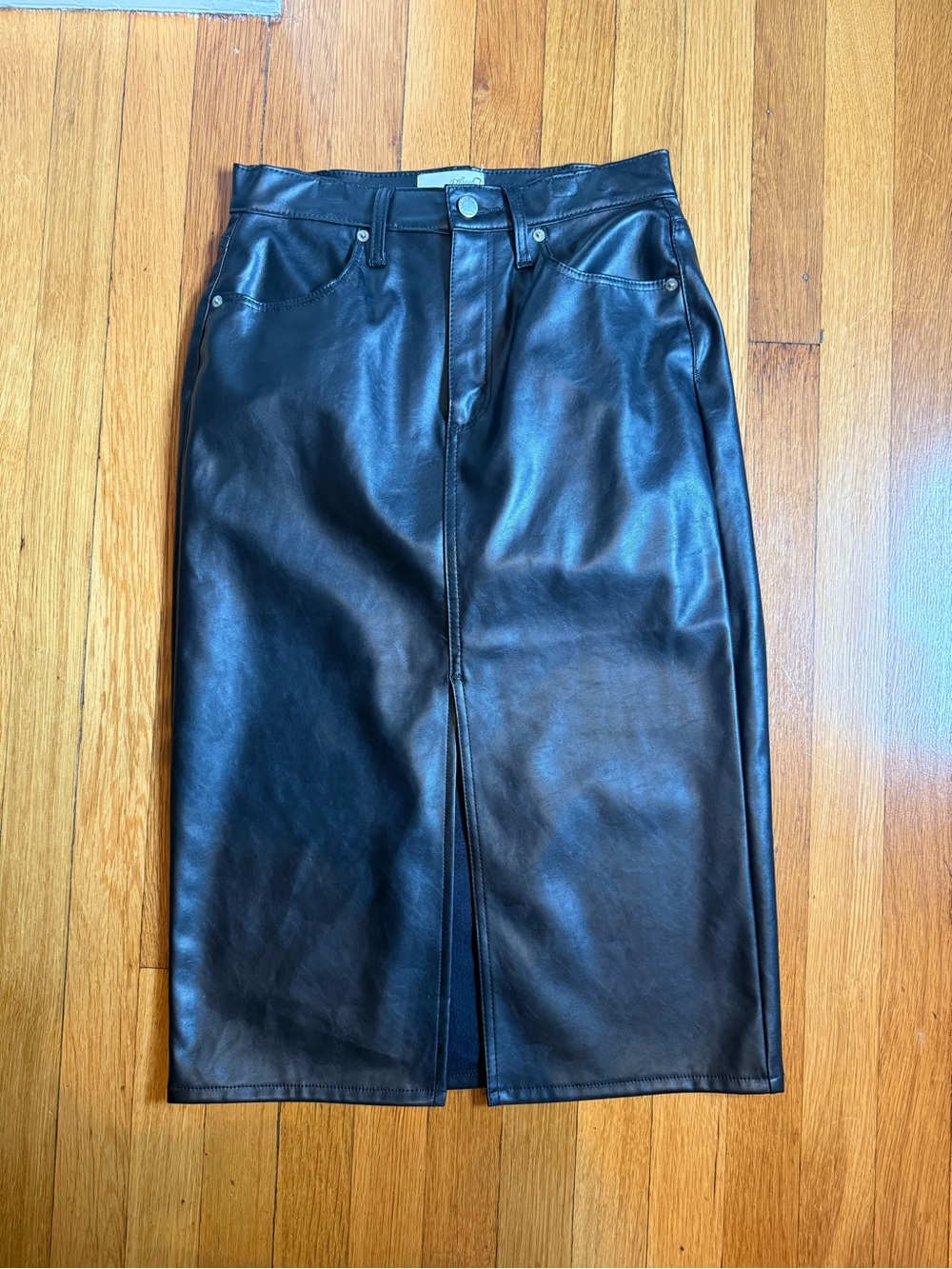 Universal Thread Black Faux Leather Midi Pencil Skirt with Front Slit
